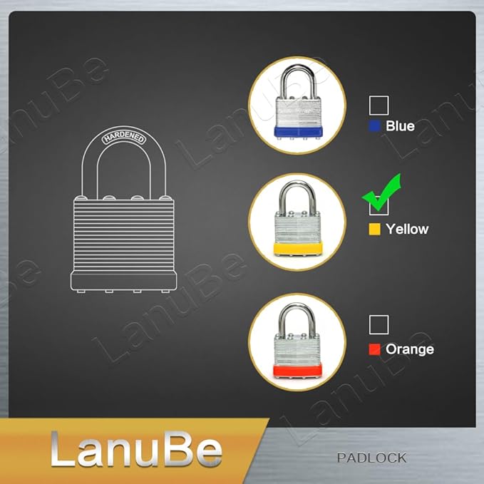 LanuBe Lock Laminated keyed Padlock (1-9/16", 40mm), keyed Alike Locks, Normal Shackle,Marked Yellow Plastic Hoop, Pack of 6