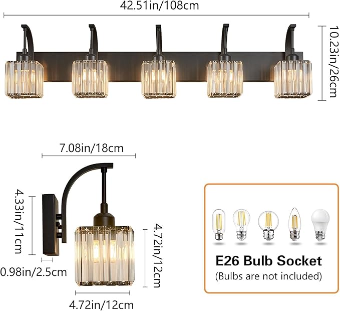 5-Light Crystal Vanity Light, Modern Black Bathroom Wall Sconce with K9 Crystal Shades, 42.51" Long Over Mirror Lighting for Vanity, Makeup, Hallway, Elegant & Easy Installation
