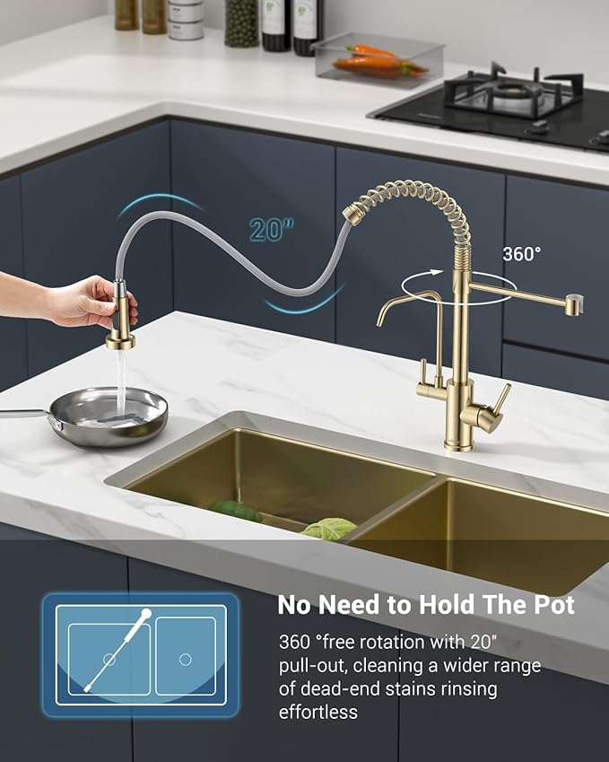 APPASO Gold Kitchen Faucet with Water Filter, Brushed Gold Kitchen Sink Faucet, 3 in 1 Kitchen Faucet (Without Water Filtration Device)