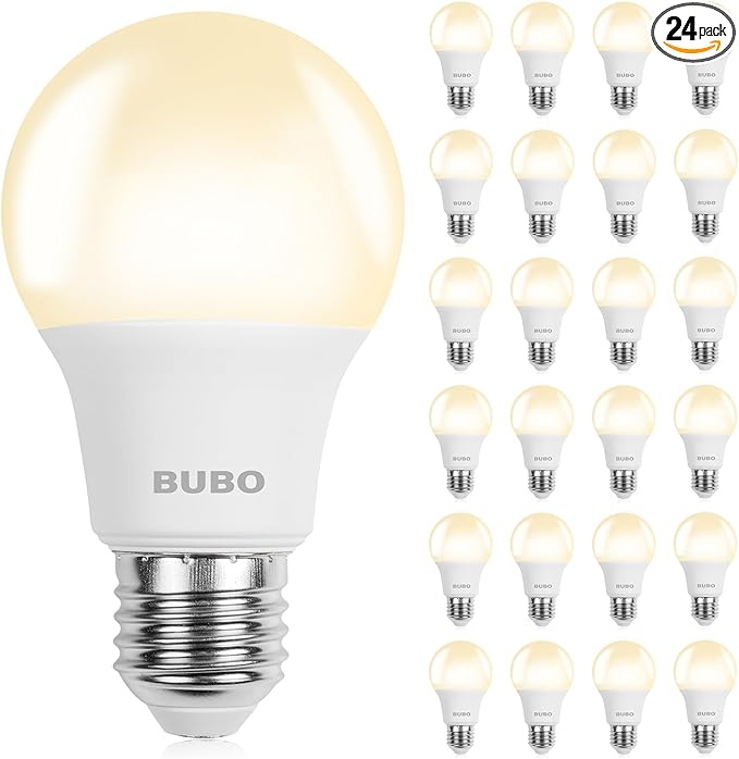 BUBO A19 LED Light Bulbs, 60 Watt Equivalent LED Bulbs, Warm White 3000K, 800 Lumens, E26 Standard Base, Non-Dimmable, 8W Warm White LED Bulbs for Bedroom Living Room Home Office, 24 Pack
