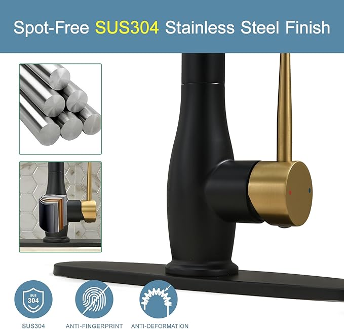GIMILI Black and Gold Kitchen Faucet with LED Single Handle Kitchen Sink Faucet with Pull Down Sprayer Commercial Double-Headed Stainless Steel Kitchen Faucets Sink with Deck Plate