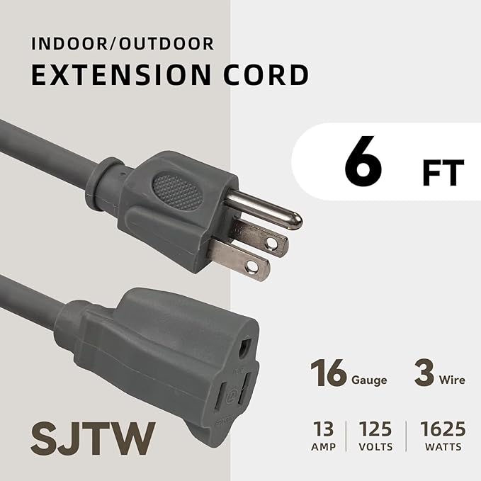 6ft Outdoor Extension Cord for Christmas Decorations - 16/3 Heavy Duty SJTW Waterproof Gray Electrical Cable with 3 Prong Grounded Plug for Safety, Great for Lawn and Major Appliances