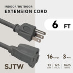 6ft Outdoor Extension Cord for Christmas Decorations - 16/3 Heavy Duty SJTW Waterproof Gray Electrical Cable with 3 Prong Grounded Plug for Safety, Great for Lawn and Major Appliances