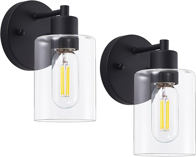 Wall Sconces for Bathroom, Modern Vanity Light Fixtures, Black Wall Mount Lighting Lanterns, Farmhouse Wall Lights with Clear Glass Shade for Bedroom Living Room Mirror Hallway Kitchen（2PACK）