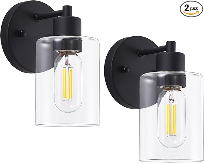 Wall Sconces for Bathroom, Modern Vanity Light Fixtures, Black Wall Mount Lighting Lanterns, Farmhouse Wall Lights with Clear Glass Shade for Bedroom Living Room Mirror Hallway Kitchen（2PACK）