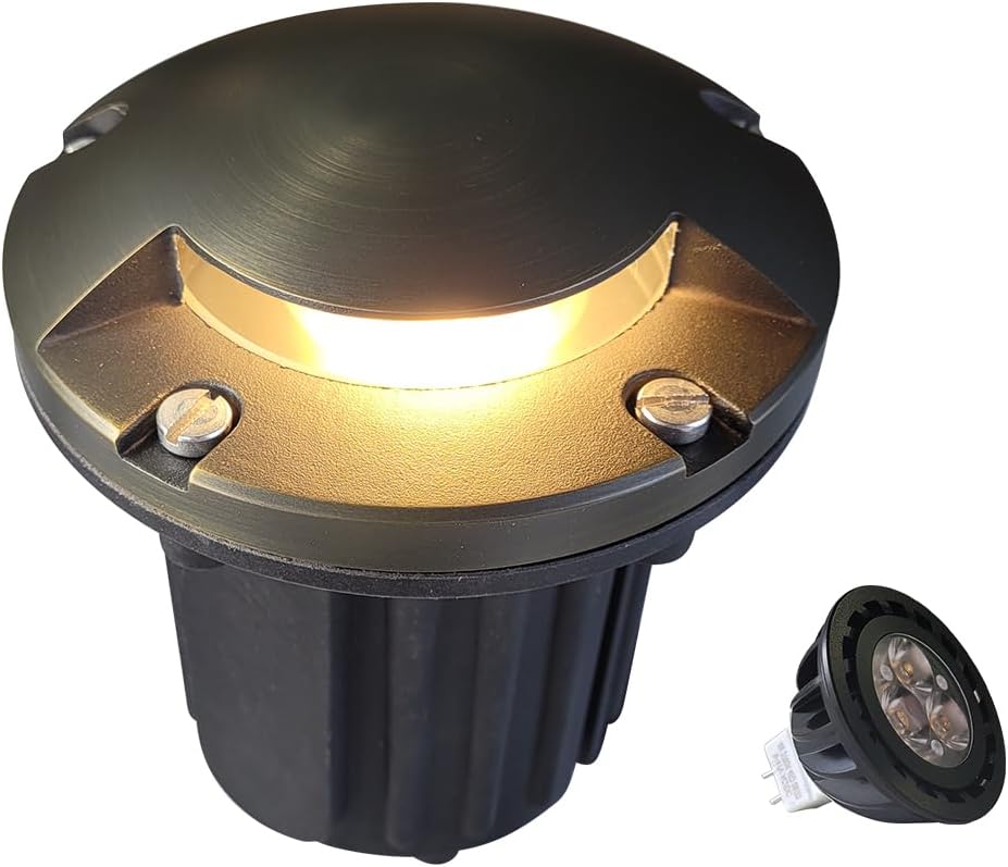 MALORY Low Voltage Landscape Well Lights,（5‘’H 12V Brass Top Cover Outdoor In Ground Lights,Landscape Lighting for Pathway, Driveway and Garden (One-Direction Turret, 1-Pack with Bulb)