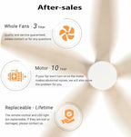 54" Ceiling Fan with Light - Low Profile Flush Mount Ceiling Fan, 6-Speed Remote Control, Solid Wood, Quiet Reversible DC Motor, Wood/White Finish, for Bedroom, Living Room, Porch