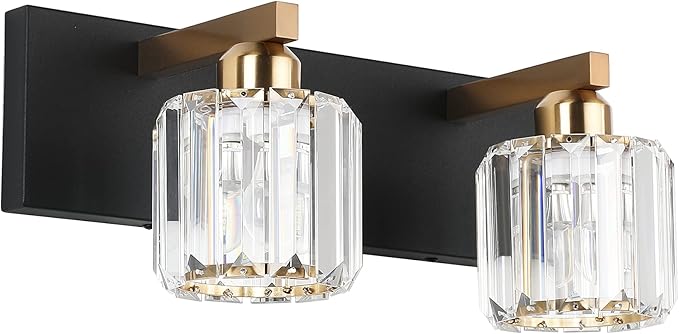 Aipsun Vanity Lighting Fixtures for Bathroom Matte Black Vanity Lights Fixtures Crystal 2 Lights Wall Light Fixture Over Mirror(Exclude Bulb)
