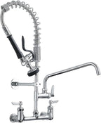 Fapully Commercial Kitchen Faucet,Wall Mount Kitchen Sink Faucet with Pre-Rinse Pull Down Sprayer,25‘’ Height 8'' Center 3 Compartment Sink Faucets with 12.2'' Swing Spout Chrome