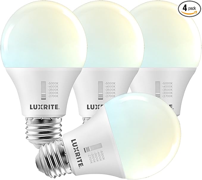 LUXRITE A19 LED Light Bulb 60 Watt Equivalent, CRI90, 5CCT 2700K 3000K 3500K 4000K 5000K, Dimmable, 800LM, Standard LED Light Bulbs 9W, E26 Base, ETL - Perfect for Lamps and Home Lighting (4 Pack)