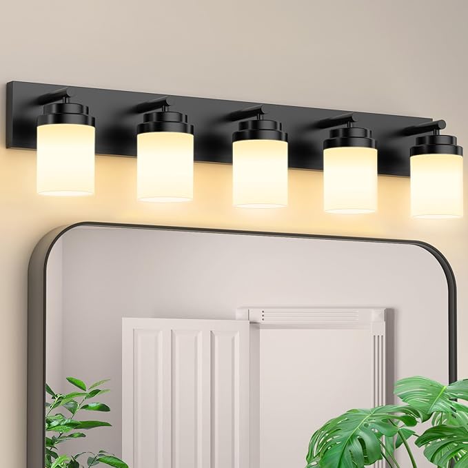 IZORRO Bathroom Vanity Light Fixture, 5-Light 36 Inch Matte Black Bathroom Light Fixtures Over Mirror, with White Glass Shade, Modern Farmhouse Vanity Lights, Rustic Restroom Lighting Fixtures