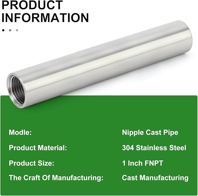 TAISHER 2PCS Stainless Steel Pipe Fittings, 1" NPT x 1" NPT Female Threaded, 6" Length Nipple Cast Pipe