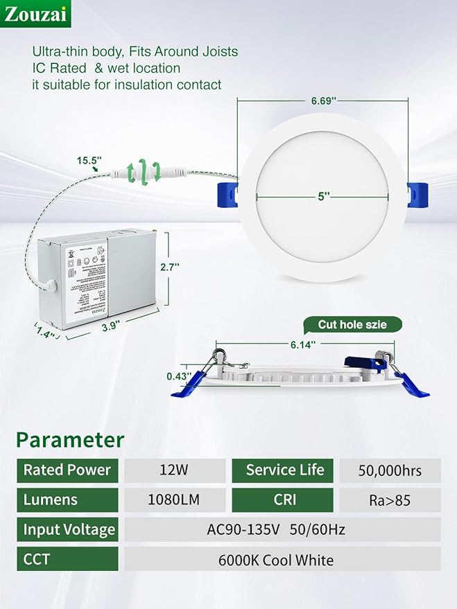 zouzai 20 Pack 6 Inch Ultra-Thin LED Recessed Ceiling Light with Junction Box 6000K Cool White Adjustable Dimmable Can-Killer Downlight - ETL and Energy Star Certified
