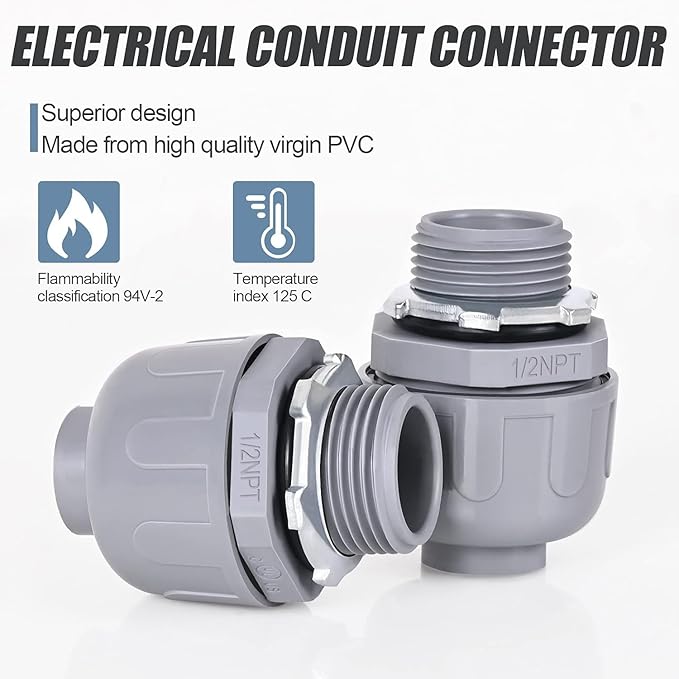 Liquid Tight Connector 1/2 in - Non-Metallic Electrical Conduit Fittings, UL Listed PVC Conduit Fitting (Straight, 64 Pack), Gray