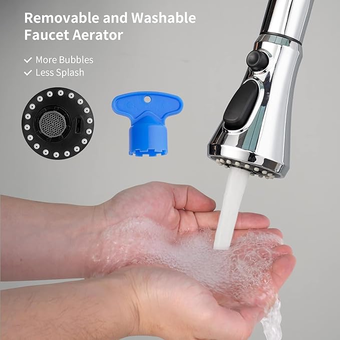 Hibbent Pull Down Spray Head for Kitchen Faucet, 3-Function Kitchen Sink Spray Nozzle with 15 Adapters, Faucet Head Replacement Compatible with Moen, American Standard, Delta, Kohler Faucets, Chrome