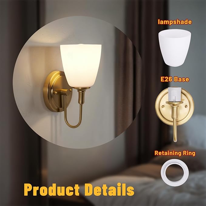 Gold Wall Sconces Vintage Bathroom Vanity Light Fixtures Frosted Milk Glass & Brass Base Indoor Wall Mount Light for Living Room,Bedroom, Bathroom, Mirror, Hallway, Stairway (Bulb not Included)