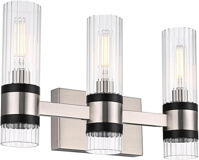 MELUCEE 3-Light Bathroom Light Fixtures Brushed Nickel, Farmhouse Vanity Lighting with Ribbed Clear Glass Shade Bathroom Bar Light Fixtures for Kitchen Bedroom Hallway, E12 Base
