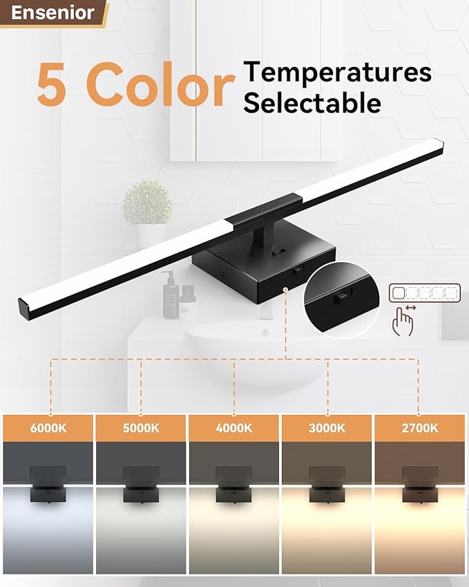 Ensenior Modern Bathroom Vanity Light 24 inch, Built-in Dimmer, 14W Dimmable 5CCT Led Bath Lights, Black Bar Vanity Light for Bathroom Mirror Cabinets Bedroom-FCC Certificated
