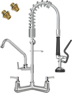 Commercial Sink Faucet with Sprayer 25" Height 8" Adjustable Center 10" Swing Spout,Brass Constructed Wall Mount Commercial Faucet with Pull Down Pre-Rinse Sprayer for 1/2 Compartment Sink（25"）