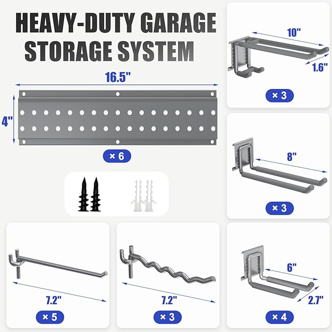 Garage Tool Organizer Wall Mount 96 inches with 18 Adjustable Heavy-Duty Hooks, Garage Organization, Garden Tool Storage Rack, Yard, and Shed, Holds Up to 750 lbs (Grey)