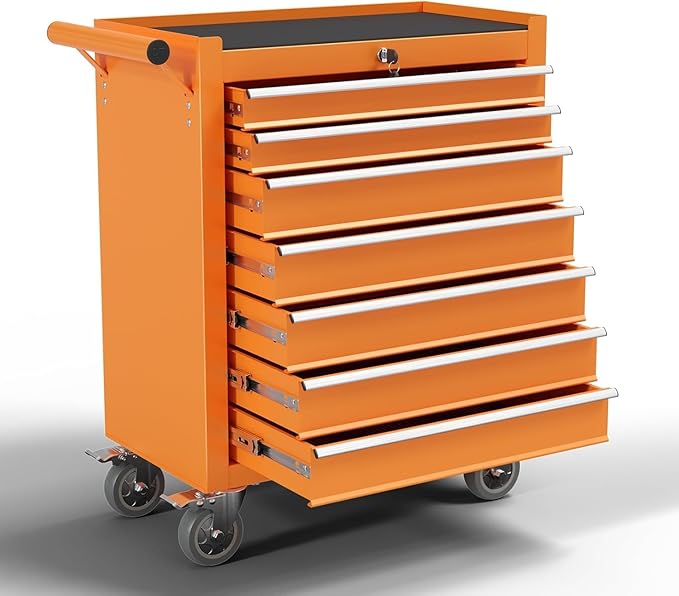 7-Drawer Metal Rolling Tool Chest with Wheels,Tool Storage Cabinet with Locking System，Toolbox with Wheels for Garage, Warehouse, Workshop, Repair Shop (Orange, 7-Drawer)
