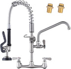 21" Height Commercial Faucet Wall Mount with Sprayer 9.6" Swing Spout 8" Adjustable Center, Kitchen Sink Faucets with Pull Down Pre-Rinse Sprayer for Restaurant Industrial Kitchen, Brushed Nickel