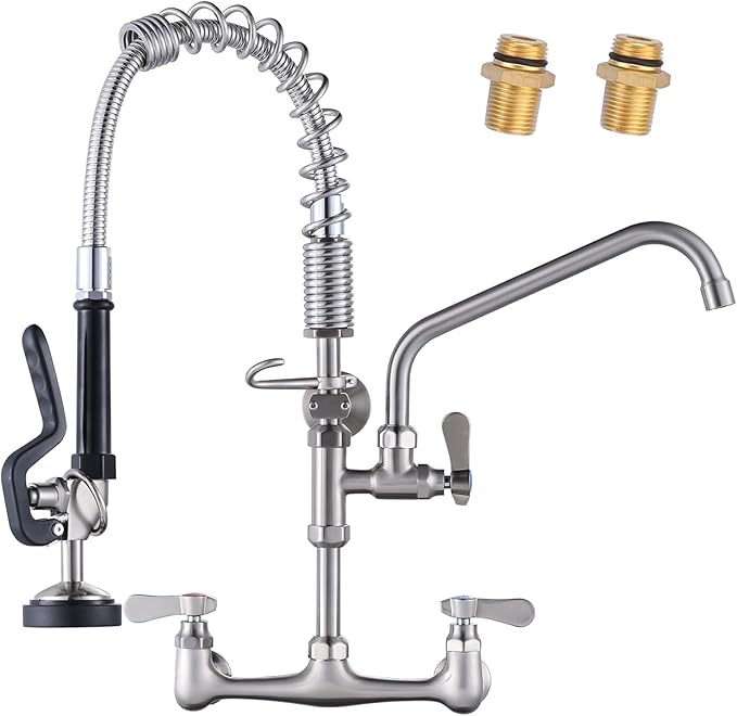 21" Height Commercial Faucet Wall Mount with Sprayer 9.6" Swing Spout 8" Adjustable Center, Kitchen Sink Faucets with Pull Down Pre-Rinse Sprayer for Restaurant Industrial Kitchen, Brushed Nickel