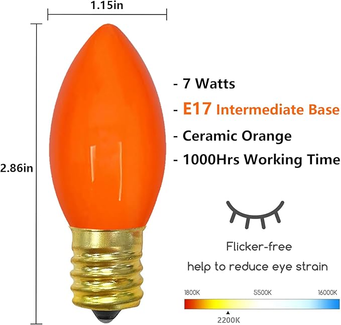 C9 Orange Replacement Light Bulbs, 25 Pack Halloween Ceramic Orange Bulb Christmas Light Bulbs for Outdoor Patio String Lights Halloween Decorations Party Yard Decor, E17 Intermediate Base- 7 Watts