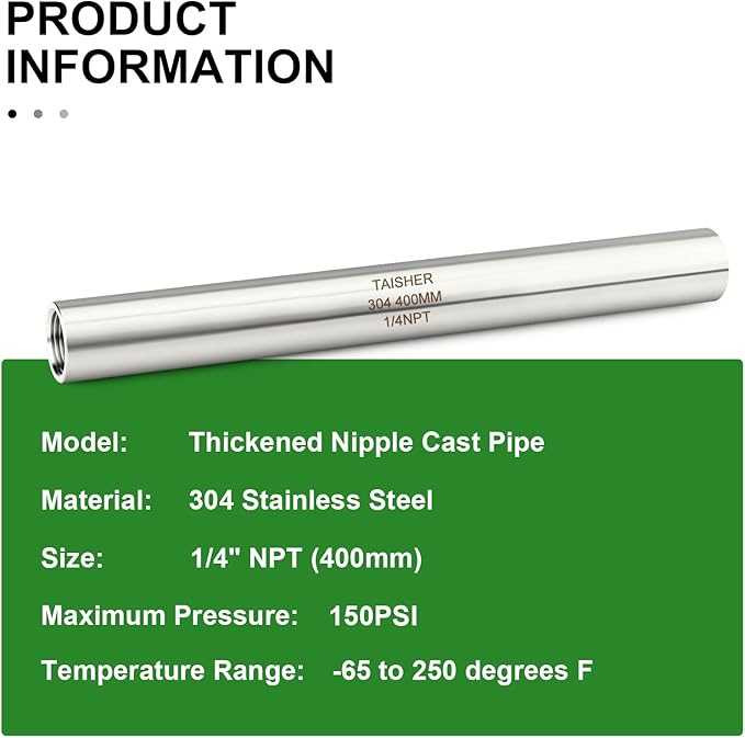 TAISHER 1PCS Stainless Steel Pipe Fittings, 1/4" NPT Female x 1/4" NPT Female Threaded, 16" Length Thickened Nipple Cast Pipe