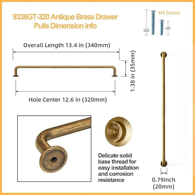 Goo-Ki 6 Pack Antique Brass Cabinet Handle Drawer Pulls, 12.6" c-c Vintage Bronze Retro Brass Appliance Pull Bar Handles Solid Zinc Alloy Kitchen Hardware for Cupboard Furniture