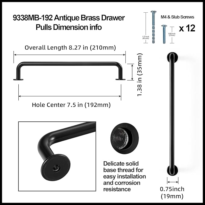 Goo-Ki 6 Pack Matte Black Cabinet Handles, 7.56 Inch(192mm) c-c Solid Drawer Pulls Bar Pull Modern Kitchen Hardware for Dresser Wardrobe Cupboard Bathroom, 9338MB-192