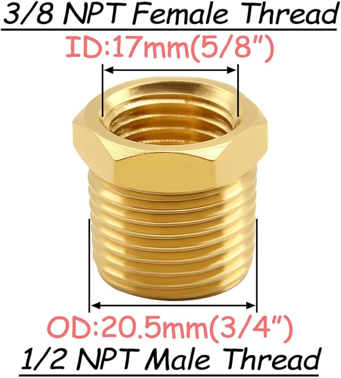 4PCS Brass Reducer Bushing, 1/2" NPT Male to 3/8" NPT Female Thread, Hex Reducing Convert Adapter Pipe Fitting Connector for Water/Oil/Gas