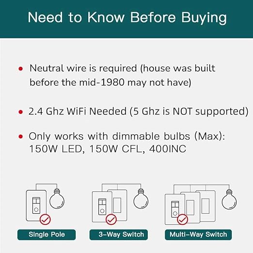 TREATLIFE 3 Way Smart Dimmer Switch, Smart Switch Compatible with Alexa and Google Assistant, 2.4GHz WiFi Light Switch, Schedule, Neutral Wire Needed, No Hub Required, 1 Pack