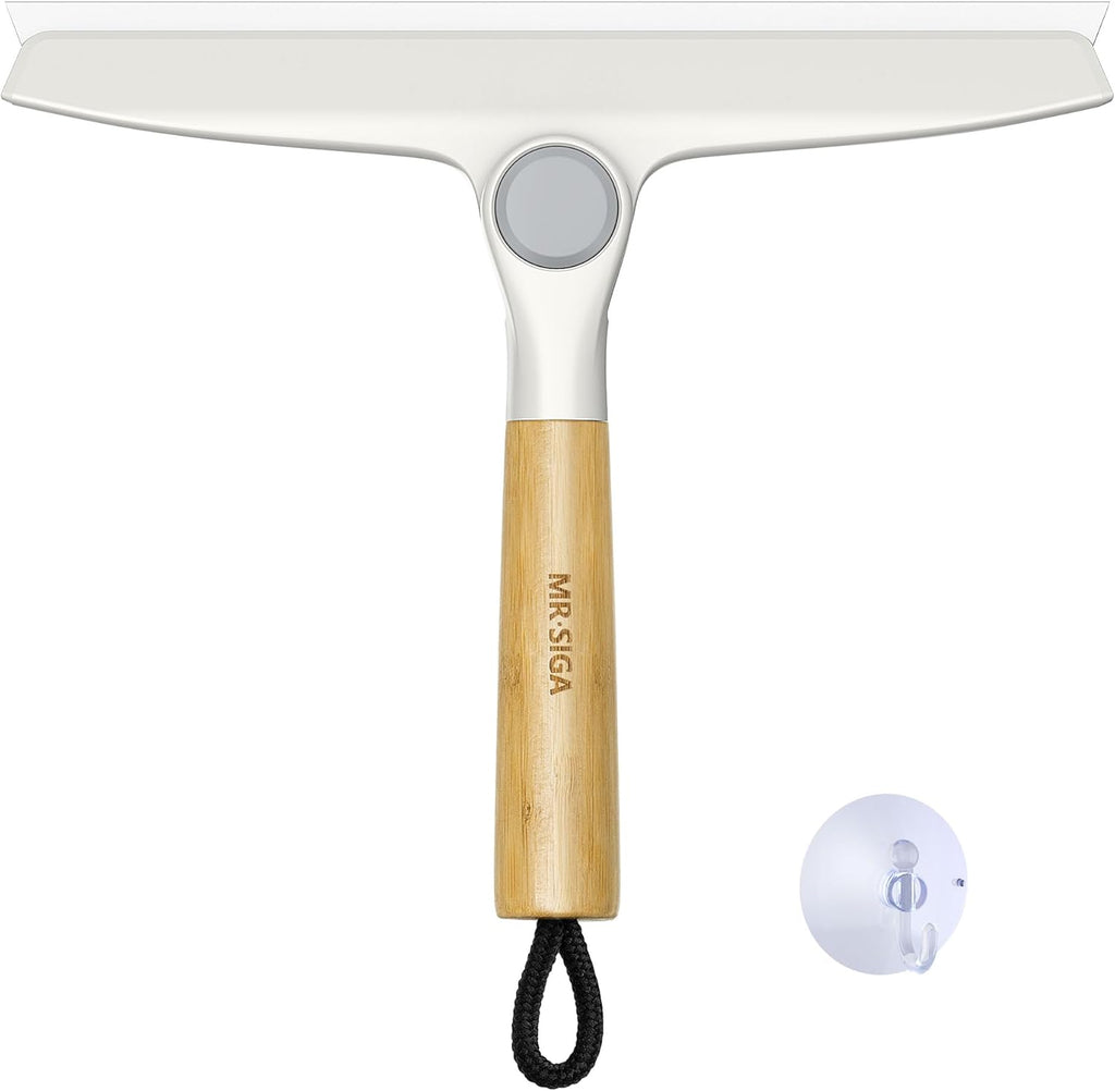 MR.SIGA All Purpose Silicone Squeegee for Shower Door, Mirror, Glass, Streak Free Shower Squeegee, Pivoting Bamboo Handle, Includes 1 Suction Hook, 10 inch Wide, 1 Pack