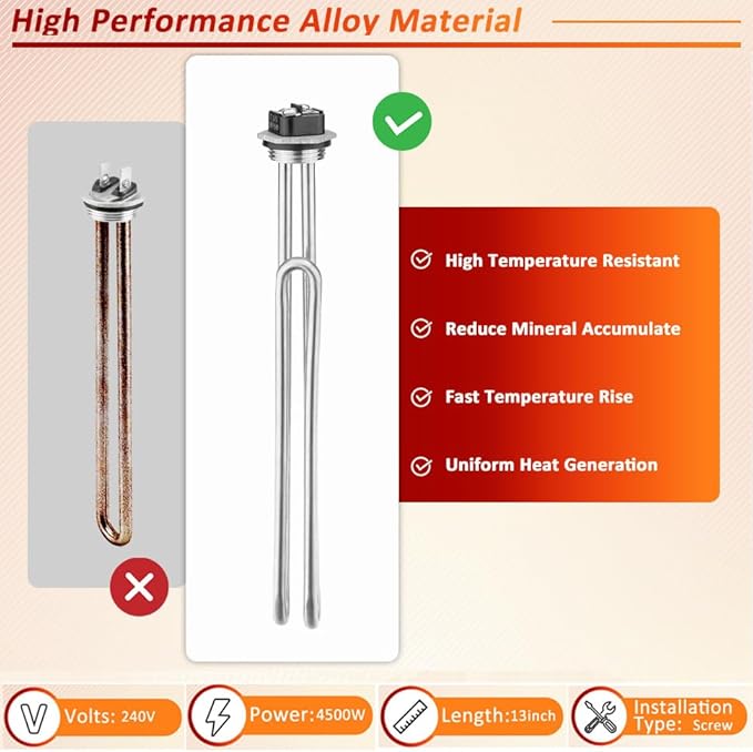 Mornajina 02582 Electric Water Heater Elements 4500W 240V, Hot Water Heater Replacement Parts Screw-in RV Hot Water Heater Fit Most Models, Foldback Type