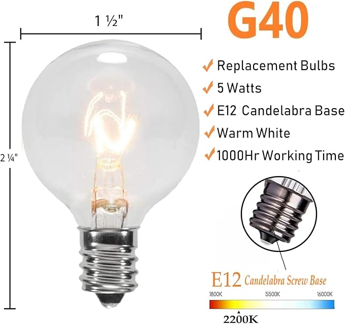 GOOTHY G40 Replacement Bulbs, 120V 5W Incandescent Light Bulbs, E12 Candelabra Base, 1.5 Inch Clear Globe Replacement Light Bulbs for Indoor Outdoor String Lights, Warm White -25 Pack
