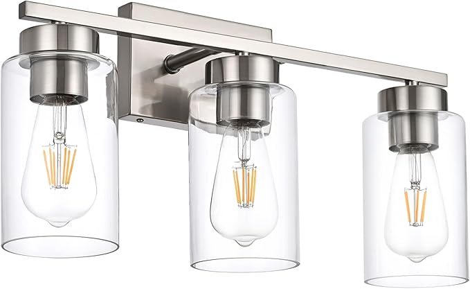 3-Light Bathroom Vanity Light, Modern Brushed Nickel Wall Lights with Clear Glass Shades, Bathroom Wall Sconce Lamp for Mirror Living Room Bedroom Hallway