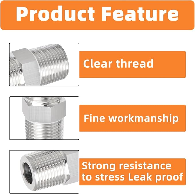 GASHER 10PCS 304 Stainless Steel Pipe Fitting, Hex Nipple Hex Coupling, 1/8" x 1/8" NPT Male Thread Pipe, 1/8Inch x 1/8Inch NPT Female Thread Pipe