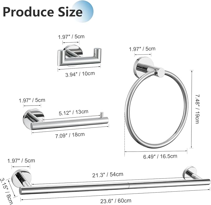 10-Piece Towel Bar Set Polished Chrome Bathroom Hardware Accessories Set Upgraded Towel Hooks Towel Holder Set for Bathroom Stainless Steel Wall Mounted 23.6 Inch