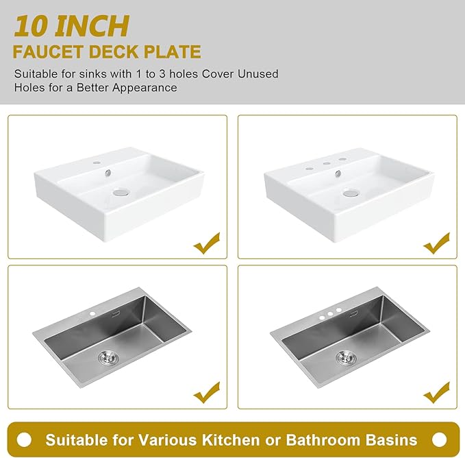 Faucet Deck Plate, Kitchen Sink Hole Cover, 10 Inch Inch Escutcheon Stainless Steel for 1 or 3 Hole Sink Faucets, Brushed Gold, Round