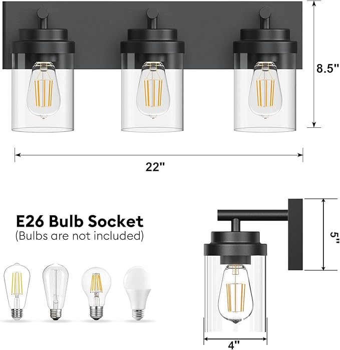 Bathroom Vanity Light Fixture with Clear Glass Shade, 3-Light Matte Black Bathroom Light Fixtures Over Mirror, Modern Vanity Lighting Fixtures for Bathroom/Living Room/Bedroom, E26 lamp Holder