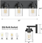 Bathroom Vanity Light Fixture with Clear Glass Shade, 3-Light Matte Black Bathroom Light Fixtures Over Mirror, Modern Vanity Lighting Fixtures for Bathroom/Living Room/Bedroom, E26 lamp Holder