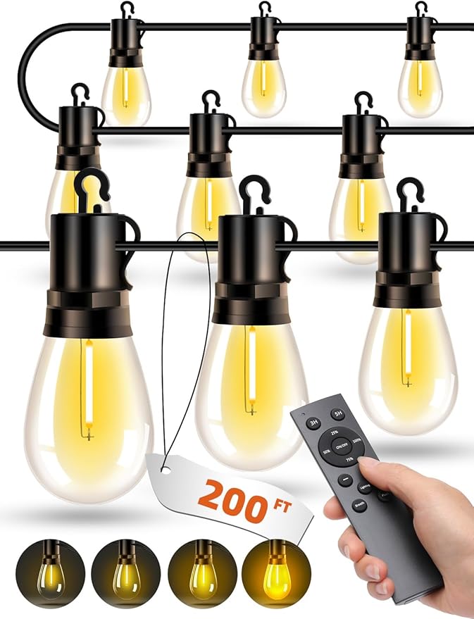 Outdoor Patio String Lights: S14 Shatterproof Bulb Outside Waterproof Light - 200Ft 60M Remote Dimmable Connectable Hanging Outdoor Electric Lighting - Garden Backyard Yard Gazebo Porch Party