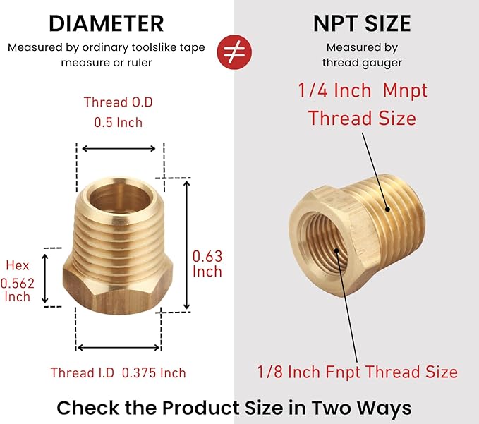 1/4 NPT Male Thread to 1/8 NPT Female Thread Brass Reducer Hex Bushing Brass Fitting Pipe Hose Tube Adapter Convert, Thread 0.5" OD to 0.375" ID, Pack of 10
