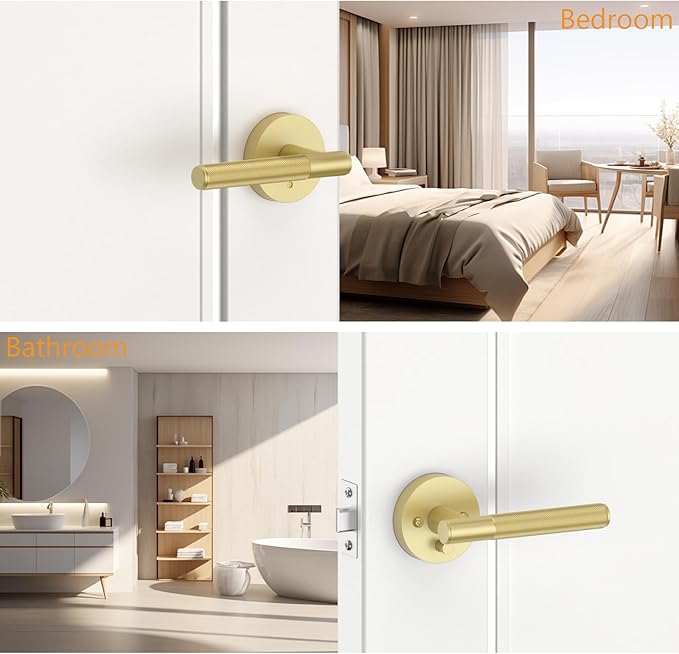 Amerdeco 8 Pack Brushed Gold Door Handles Interior, Knurled Privacy Door Handles with Lock,Heavy Duty Gold Door Lever for Bedroom or Bathroom,Reversible Keyless for Left Right Handed Doors