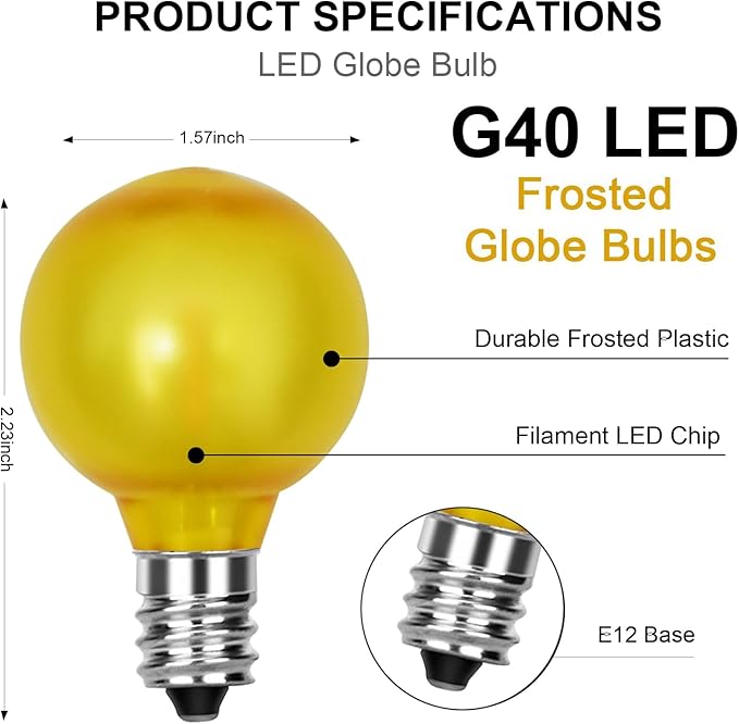 25 Pack G40 Colored LED Bulbs, Frosted Multicolor Globe Replacement Bulbs, 0.6 Watt E12 C7 Candelabra Base LED Bulbs for Outdoor Christmas String Lights, 2700K Warm White- Frosted Multicolor