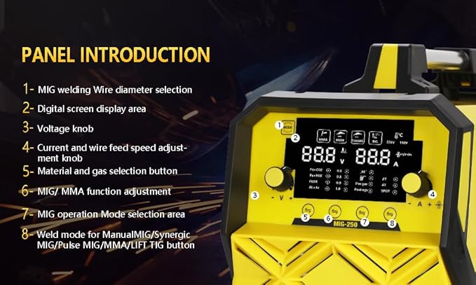 250A MIG Welder,5 in 1 Gas MIG/Gasless Flux Core/Stick/Lift TIG/Spot Welding/Spool Gun Compatible Aluminum Welding Machine Large LED Display 110V/220V Multi Process Welder