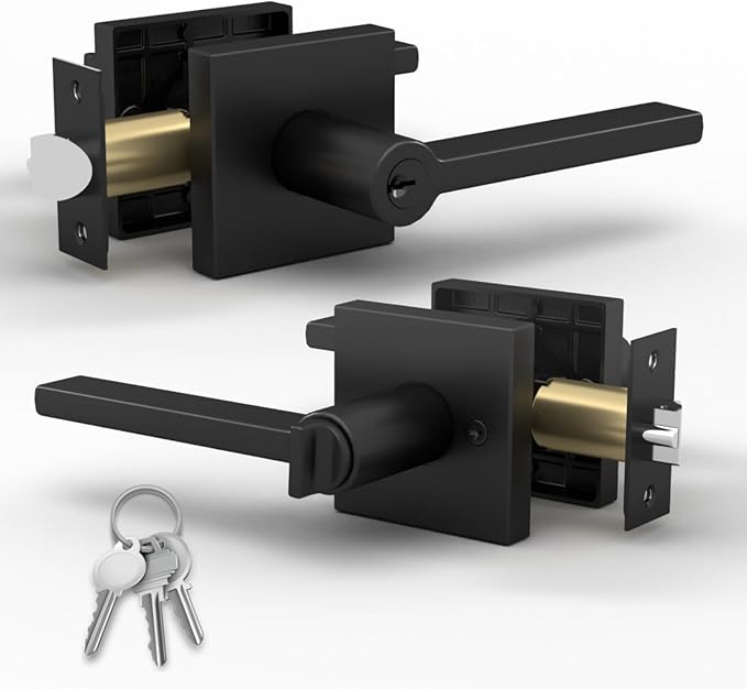 Mega Handles - Prime Entrance Handle, Entry Lever Door Handle, Heavy Duty Square Locking Lever Set for Left or Right-Handed Doors, Interior/Exterior Door Levers - Matte Black