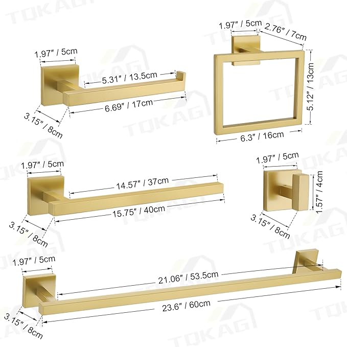 TQKAG 7-Pieces Brushed Gold Bathroom Hardware Accessories Set 23.6" SUS304 Stainless Steel Towel Bar Set Toilet Paper Spare Rolls Storage Holder Wall Mounted