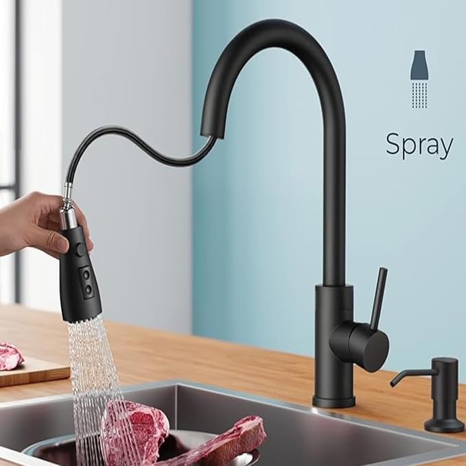Smart Kitchen Faucet, 3 Modes Pull Down Sprayer, Ceramic Valve, 360-Degree Rotation, 1 or 3 Hole Deck Plate. 10-Year Warranty. (KW-68R, Matt Black)